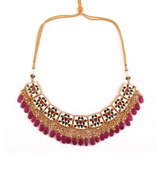 Kundan Inspired Mahroon Enameled Necklace And Earrings With Maangtikka 7
