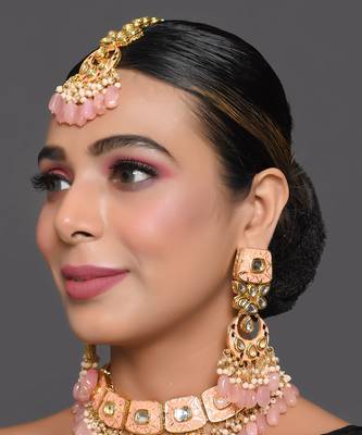 Handcrafted Kundan Peach Enameled Necklace With Earrings & Maang Tikka 2