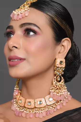 Handcrafted Kundan Peach Enameled Necklace With Earrings & Maang Tikka