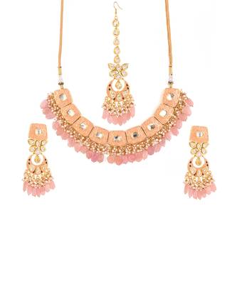 Handcrafted Kundan Peach Enameled Necklace With Earrings & Maang Tikka 4