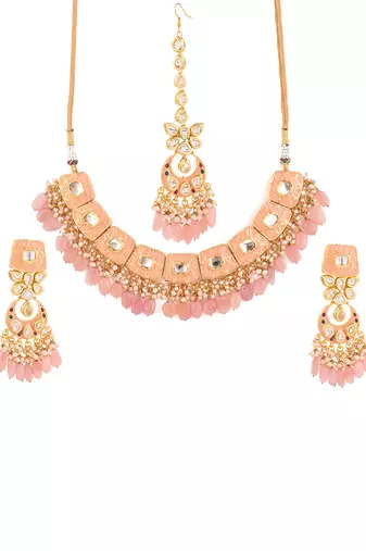 Handcrafted Kundan Peach Enameled Necklace With Earrings & Maang Tikka