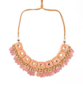 Handcrafted Kundan Peach Enameled Necklace With Earrings & Maang Tikka 5