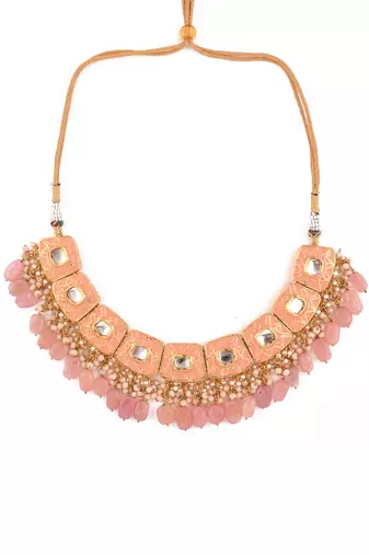 Handcrafted Kundan Peach Enameled Necklace With Earrings & Maang Tikka