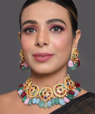 Navratan Kundan Inspired Necklace With Earrings 2