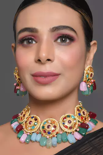 Navratan Kundan Inspired Necklace With Earrings