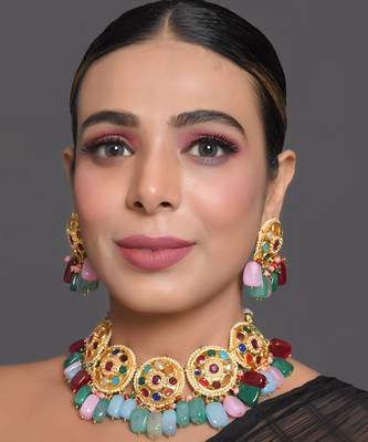 Navratan Kundan Inspired Necklace With Earrings 3