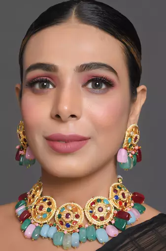 Navratan Kundan Inspired Necklace With Earrings