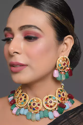 Navratan Kundan Inspired Necklace With Earrings