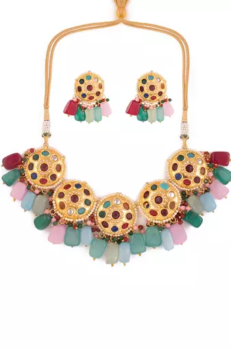 Navratan Kundan Inspired Necklace With Earrings
