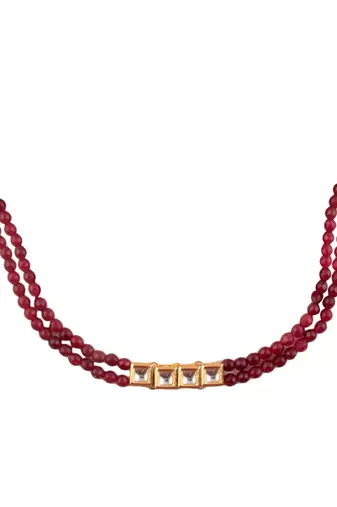 Mahroon Beaded Gold Toned Kundan Inspired Choker With Earrings