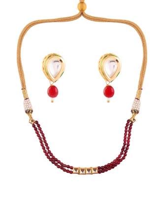 Mahroon Beaded Gold Toned Kundan Inspired Choker With Earrings 5