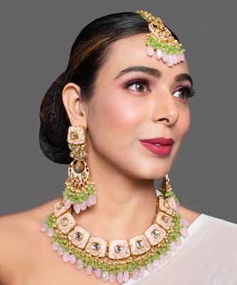 Pink Enamaled Kundan Necklace With Earrings & Maangtikka 1