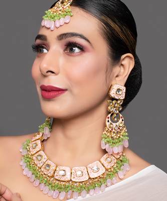 Pink Enamaled Kundan Necklace With Earrings & Maangtikka 2