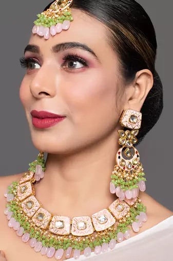 Pink Enamaled Kundan Necklace With Earrings & Maangtikka