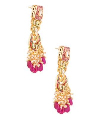 Kundan Inspired Mahroon Enameled Earrings With Maangtikka 4
