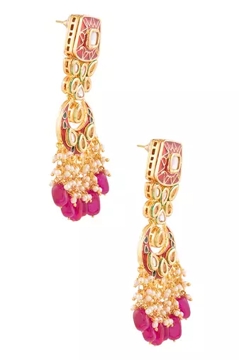 Kundan Inspired Mahroon Enameled Earrings With Maangtikka