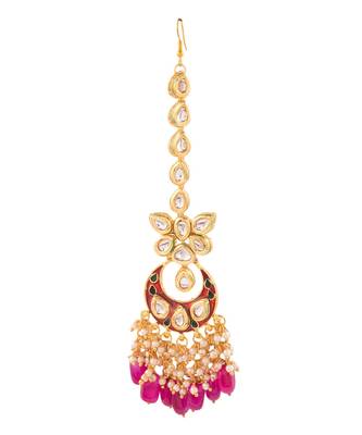 Kundan Inspired Mahroon Enameled Earrings With Maangtikka 5