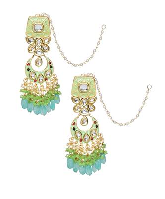 Green Enameled Kundan Earrings With Maangtikka 3