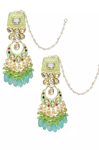 Green Enameled Kundan Earrings With Maangtikka