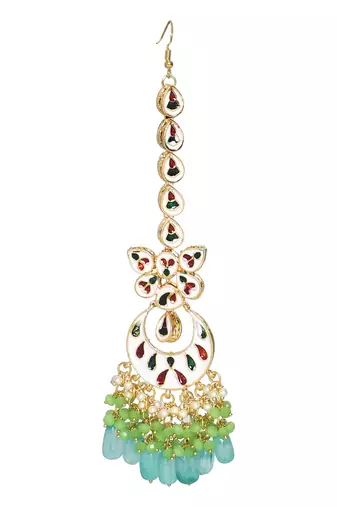 Green Enameled Kundan Earrings With Maangtikka