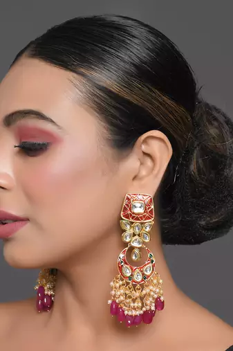 Kundan Inspired Mahroon Enameled Earrings