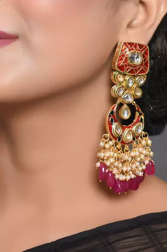 Kundan Inspired Mahroon Enameled Earrings
