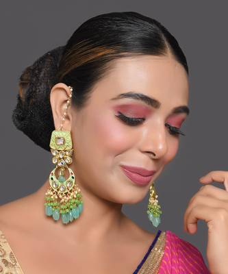 Gold Toned Green Kundan Studded & Enameled Handcrafted Earrings 1