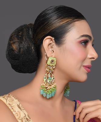 Gold Toned Green Kundan Studded & Enameled Handcrafted Earrings 2
