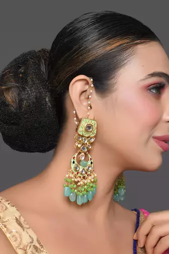 Gold Toned Green Kundan Studded & Enameled Handcrafted Earrings