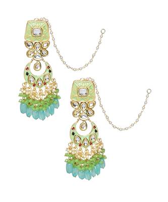 Gold Toned Green Kundan Studded & Enameled Handcrafted Earrings 3