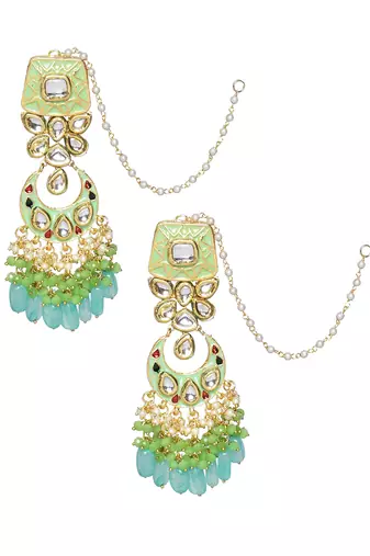 Gold Toned Green Kundan Studded & Enameled Handcrafted Earrings