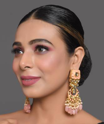 Peach Enameled Kundan Studded Earrings 1