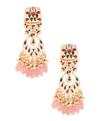 Peach Enameled Kundan Studded Earrings 3
