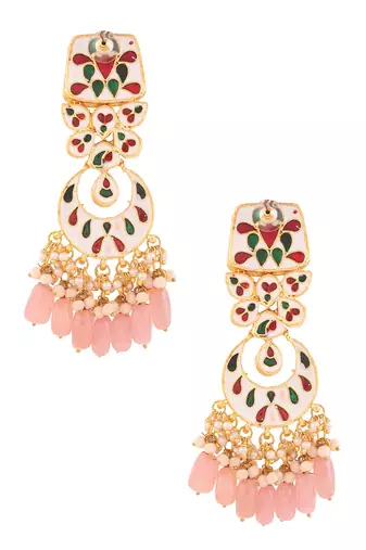 Peach Enameled Kundan Studded Earrings