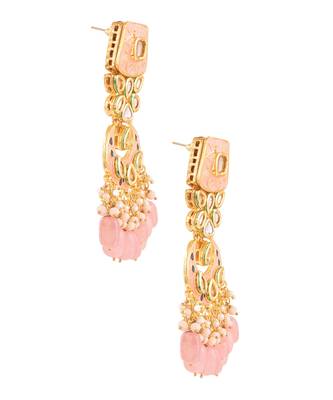 Peach Enameled Kundan Studded Earrings 4