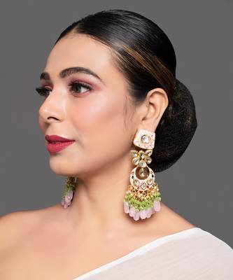 Gold Toned Pink Green Beaded Kundan Studded & Enamaled Handcrafted Earrings 1