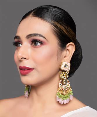 Gold Toned Pink Green Beaded Kundan Studded & Enamaled Handcrafted Earrings 2