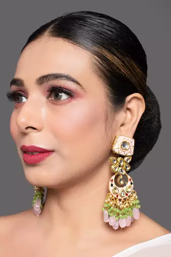 Gold Toned Pink Green Beaded Kundan Studded & Enamaled Handcrafted Earrings