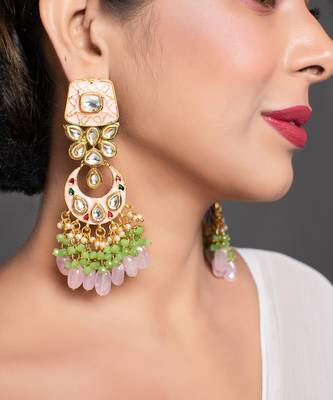Gold Toned Pink Green Beaded Kundan Studded & Enamaled Handcrafted Earrings 3