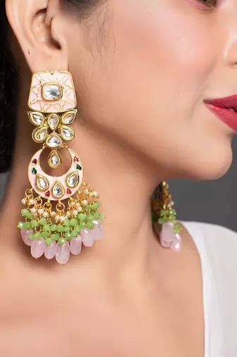 Gold Toned Pink Green Beaded Kundan Studded & Enamaled Handcrafted Earrings