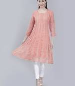 Peach embroidered georgette chikankari-kurtis