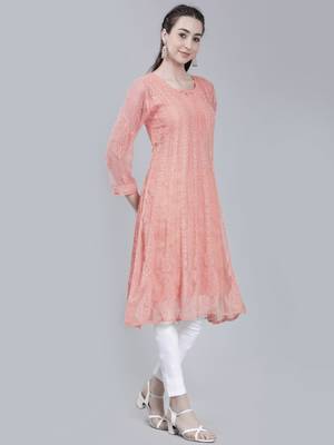 Peach embroidered georgette chikankari-kurtis 3