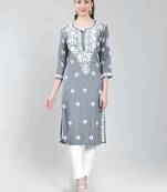 Grey embroidered rayon chikankari-kurtis