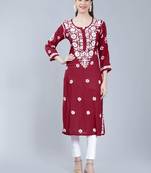 Maroon embroidered rayon chikankari-kurtis