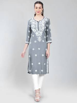 Grey embroidered rayon chikankari-kurtis 2