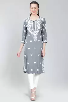 Grey embroidered rayon chikankari-kurtis