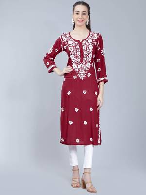 Maroon embroidered rayon chikankari-kurtis 2