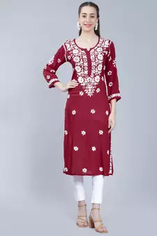 Maroon embroidered rayon chikankari-kurtis
