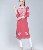 Pink embroidered rayon chikankari-kurtis