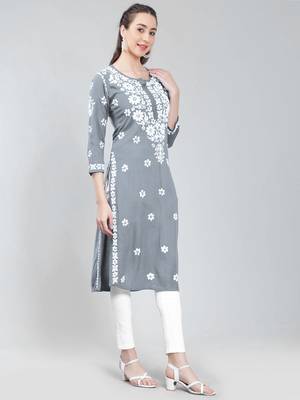 Grey embroidered rayon chikankari-kurtis 3